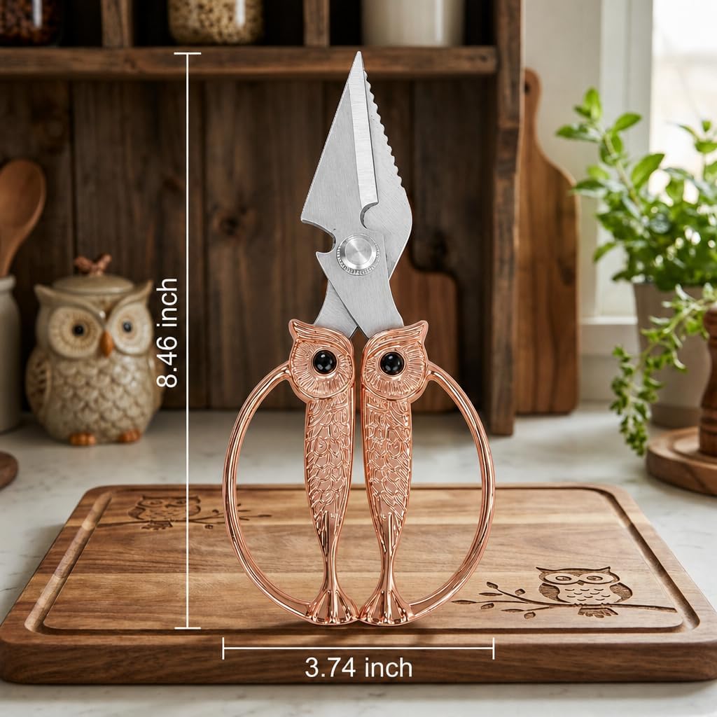 XSNBRD All Purpose Kitchen Scissors, Pearl Gold Stainless Owl Shears.