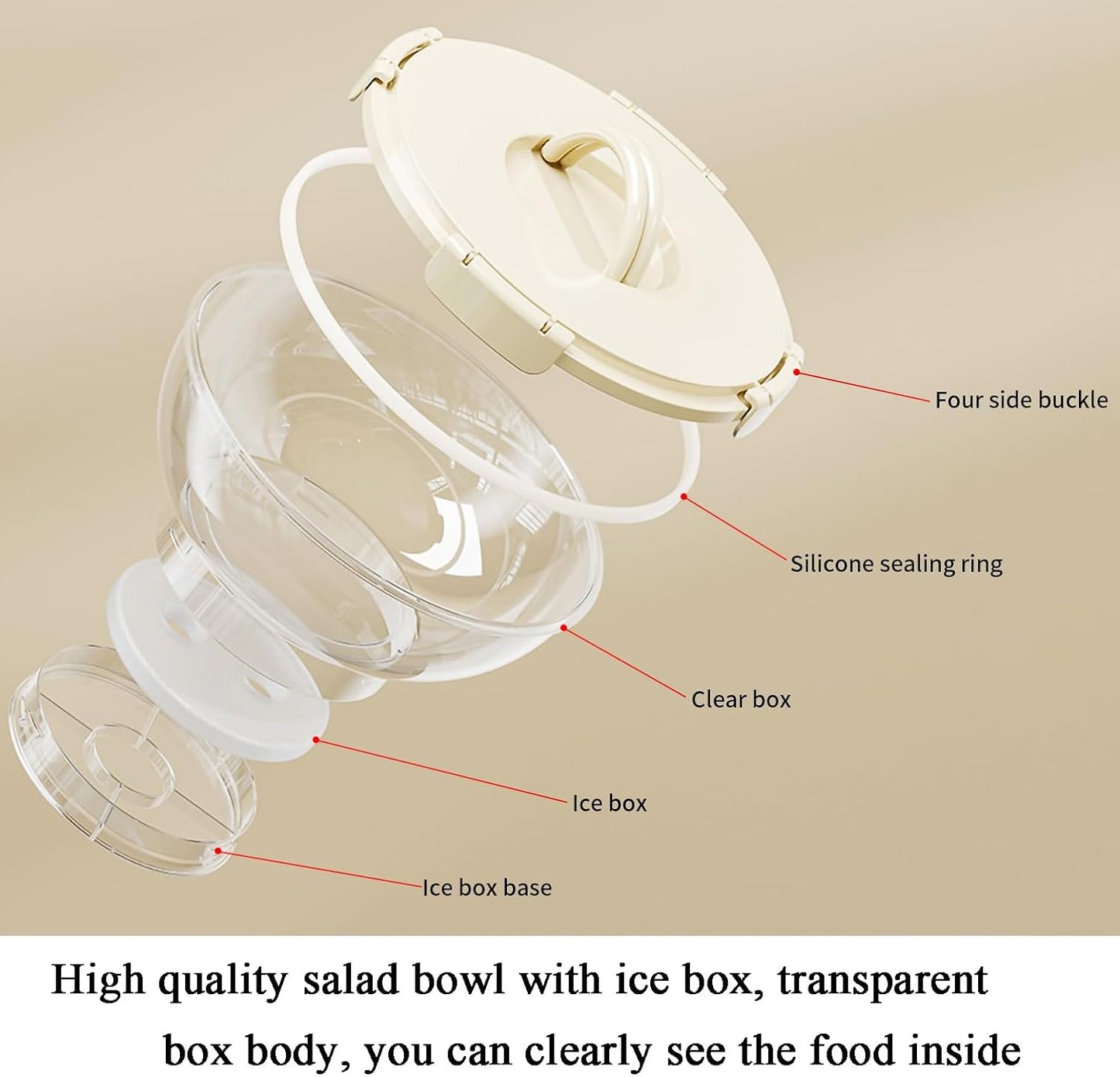 MANO 2pack Large Iced Salad Bowl with Lid and Utensils to Go Ice Chilled Food Serving Containers with Handles for Fruit Veggie Storage for Fridge Refrigerator Party Camping, Picnic, Beige