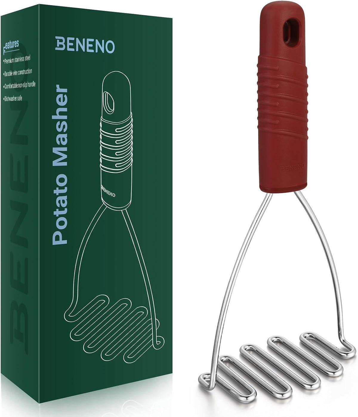 Beneno Ergonomic Soft Grip Stainless Steel Potato Masher, Black