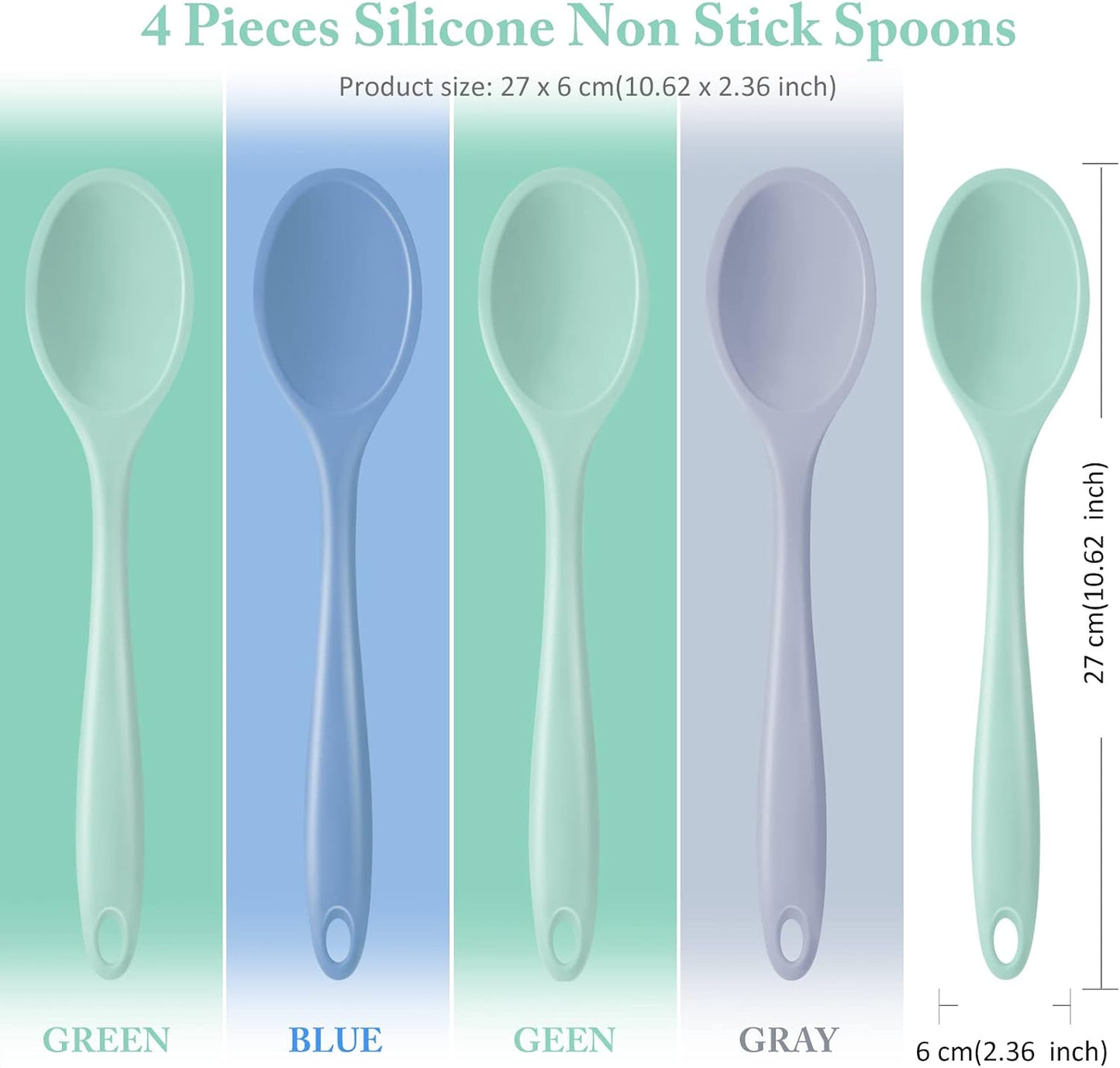 Shappy 4 Pieces Silicone Cooking Spoons 10.6 Inch Heat Resistant Kitchen Spoons for Mixing, Serving and Stirring Upgrade Large Non Stick Basting Utensils, Dishwasher Safe(Spoon,Fashionable Color)