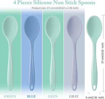 Shappy 4 Pieces Silicone Cooking Spoons 10.6 Inch Heat Resistant Kitchen Spoons for Mixing, Serving and Stirring Upgrade Large Non Stick Basting Utensils, Dishwasher Safe(Spoon,Fashionable Color)