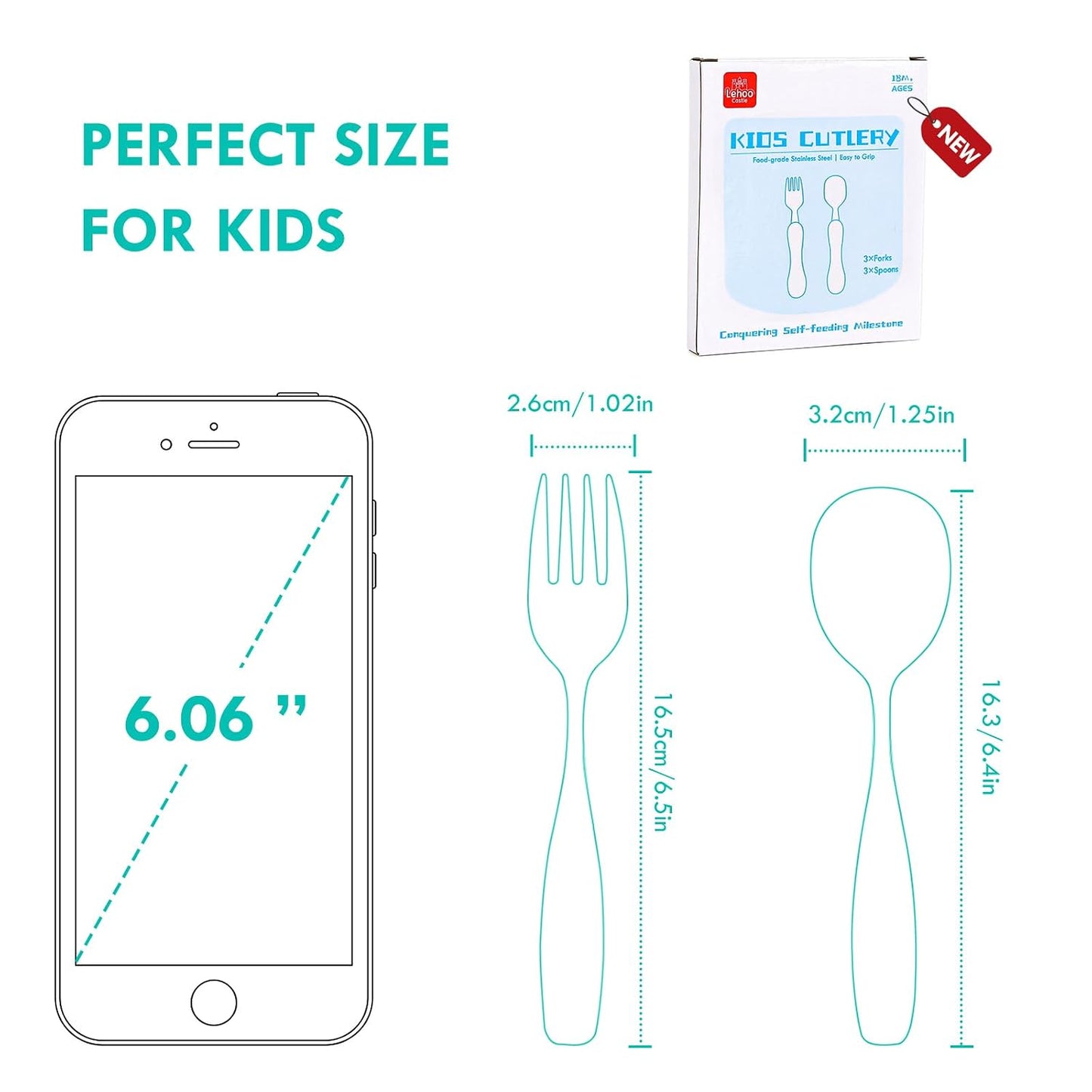 Lehoo Castle 6 Pieces Toddler Utensils, Kids Silverware for 2 3 4 Years Old, Stainless Steel Fork and Spoon Set with Plastic Handle, Safe Toddler Cutlery (Dinosaur)