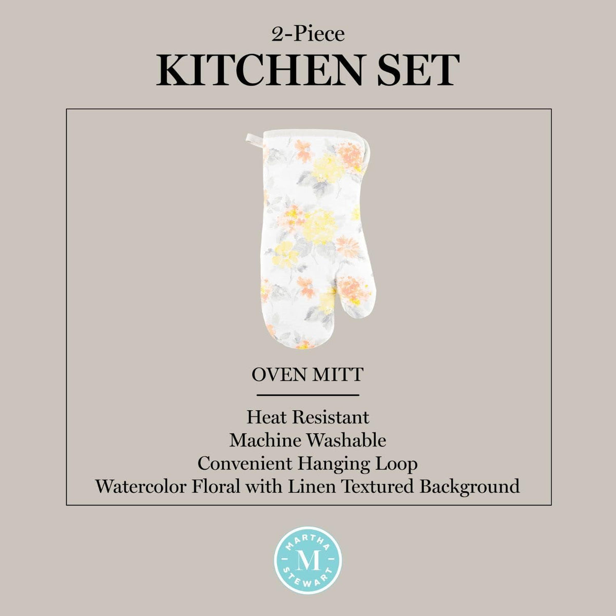 Martha Stewart Amber Floral Oven Mitt & Pot Holder Set 2-Pack, Blue/Green, OM: 7"x13" & PH: 7"x10"