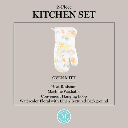 Martha Stewart Amber Floral Oven Mitt & Pot Holder Set 2-Pack, Blue/Green, OM: 7"x13" & PH: 7"x10"