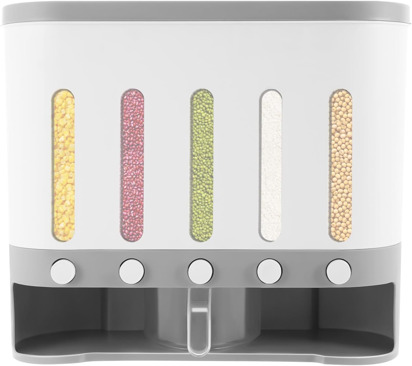 LYNICESHOP 5-Compartment Dry Food Dispenser & Storage Containers Set,Wall Mounted & Tabletop Grain Dispenser for Rice, Pet Food, Coffee Beans,Large Capacity with Measuring Cup