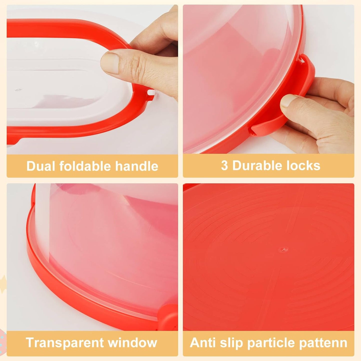 10 Inch Portable Cake Stand Carrier Holder with Lid and Handle Round Cake Storage Containers Cupcake Plastic Cake Cover Holder for Transport Red