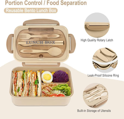 NatraProw Bento Box for Adult, 1200 ML Lunch Containers, LeakProof Lunch Box with Utensils, BPA Free, 3 Compartment Bento Box Microwave Safe, Khaki