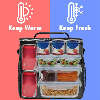 opux Insulated Lunch Bag for Men Women, Leakproof Black Lunch Box for Work, Portable Soft Lunch Cooler Bag with Shoulder Strap, Adult Lunchbox Lunch Pail for Kid Boy Girl School, 14 Can/8L