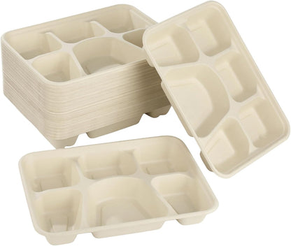 50 Pcs 6 Compartment Disposable Paper Plates Heavy Duty Divided Pulp Paper Meal Prep Containers Heavy-duty Lunch Plates Microwave & Freezer Safe