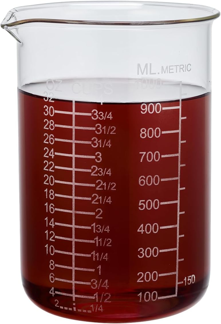 Ackers Etched Graduated Glass Measuring Cup - V-Shaped Spout- High Borosilicate Glass Measuring Cup for Kitchen or Dining, Easy to Read,1000 ML (32 Oz, 4 Cup)