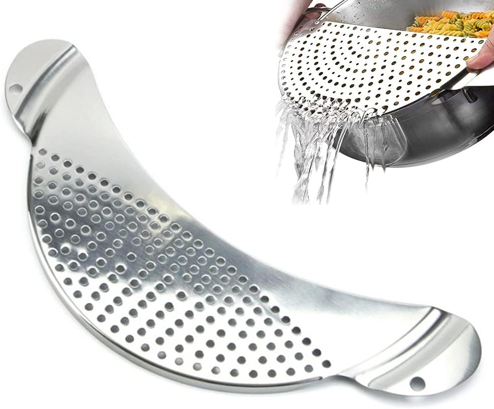 Half‑Moon Stainless Steel Pan Strainer, Pot Drainer for Cookware