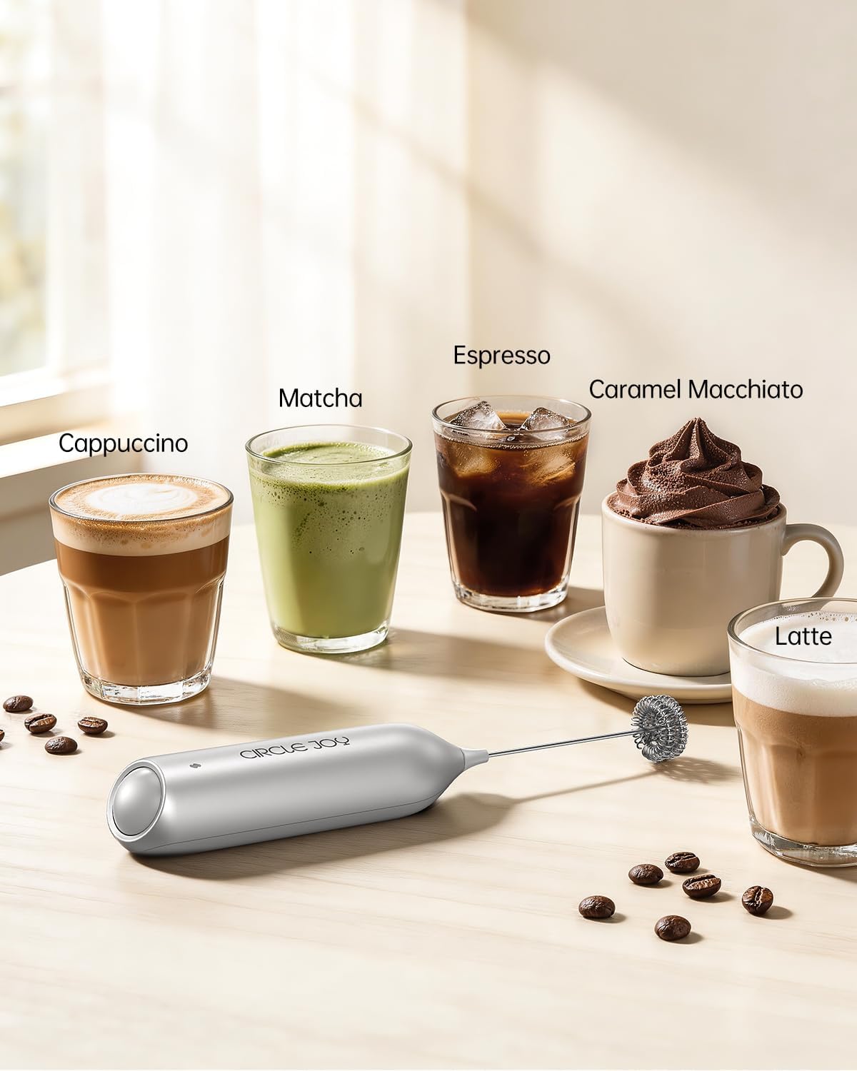 CIRCLE JOY Rechargeable Milk Frother Handheld with Stand, Dual Spring Whisk Head Electric Coffee Frother Foam Maker, Portable Drink Mixer for Cappuccino, Latte, Matcha, Black
