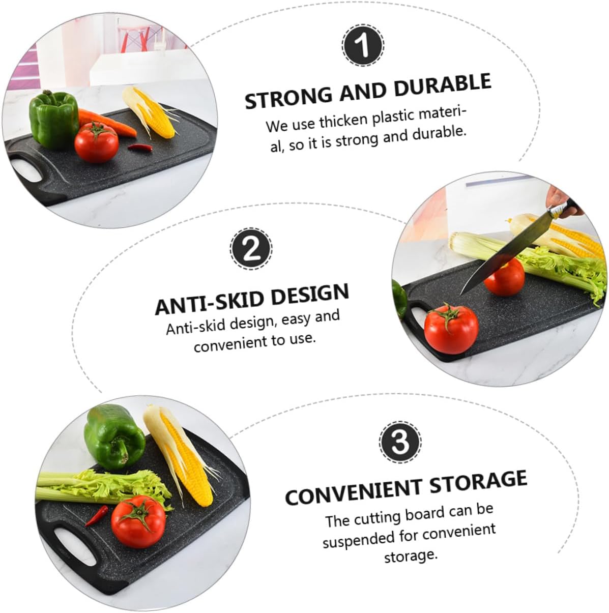 3pcs Anti-skid Plastic Cutting Boards Set, Large Thicker Dual-sided Kitchen Cutting Mats for Meats and Vegetables, Black Non-slip Home Use Chopping Board
