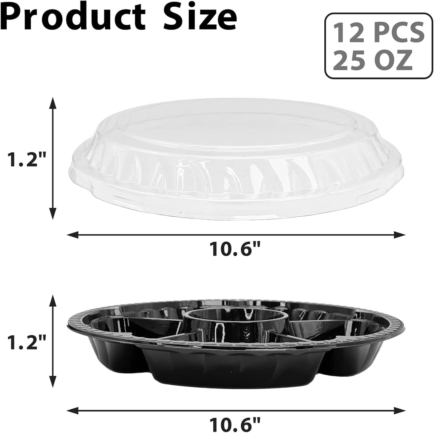 12Pcs Disposable Fruit Trays, Round Plastic Appetizer Serving Tray with Lid 5 Compartment Party Platters Divided Food Dip Containers for Snack Vegetable Salad Veggie Fruit Organizer-Black