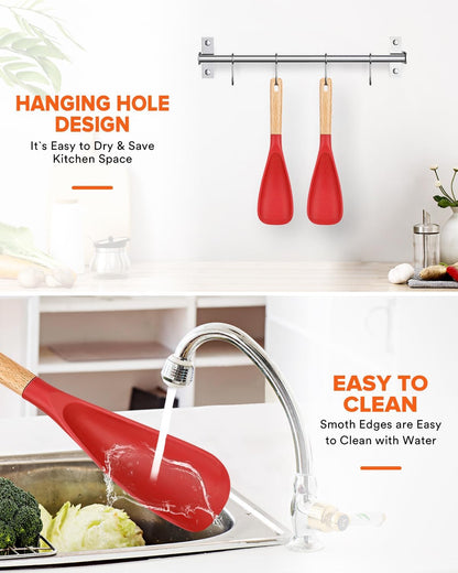 Cooking Spoon for Nonstick Cookwares, Great for Cooking and Serving Sturdy BPA-Free Matte Silicone, Wood Handle Spoon for Mixing, Scoop, and Scrape (Black & Grey, 11.4 inch)