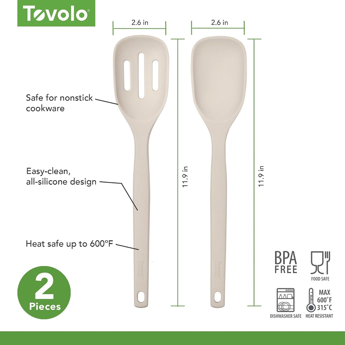 Tovolo Elements Silicone Spoon Set of 2 Mixing and Slotted Spoon Bundle for Non Stick Cooking Mixing Serving, Dishwasher Safe Heat Resistant Slotted Spoon and Mixing Serving Spoon, Oatmeal