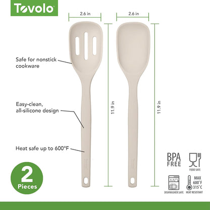 Tovolo Elements Silicone Spoon Set of 2 Mixing and Slotted Spoon Bundle for Non Stick Cooking Mixing Serving, Dishwasher Safe Heat Resistant Slotted Spoon and Mixing Serving Spoon, Oatmeal