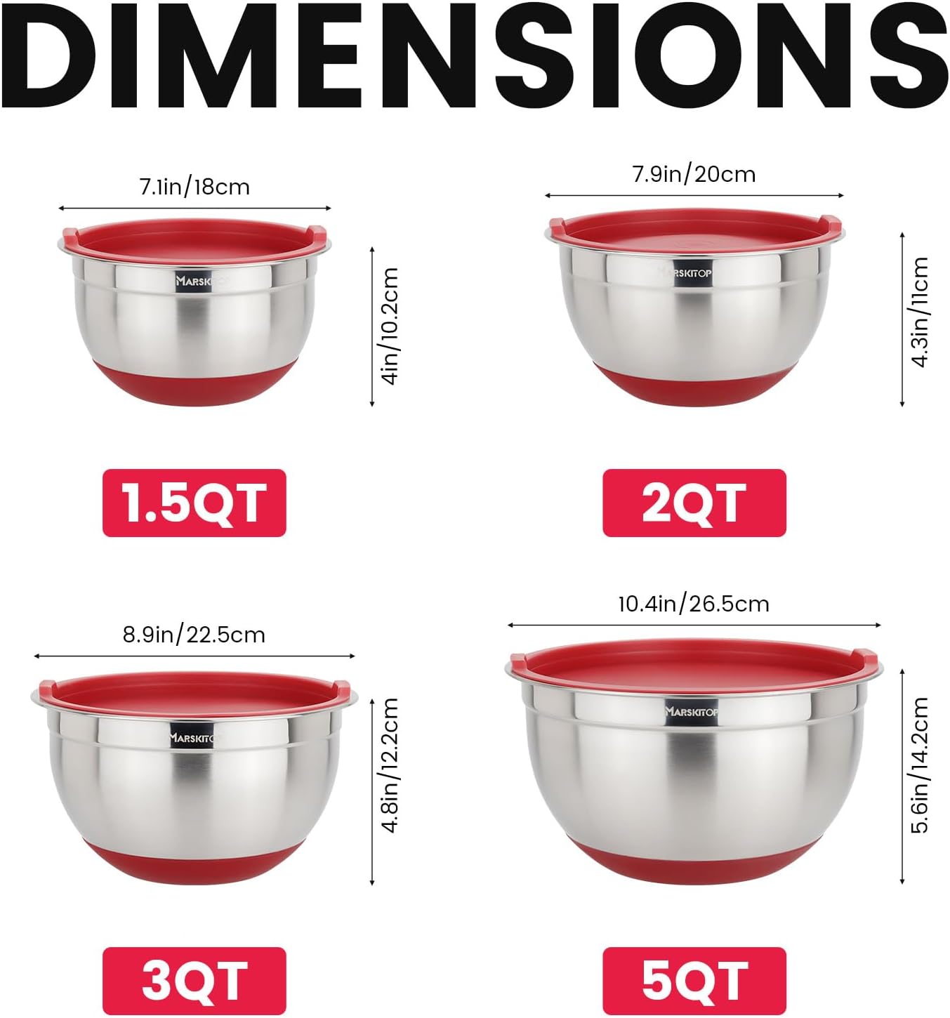 MARSKITOP Stainless Steel Mixing Bowls with Lids Set, Nesting Mixing Bowls with Airtight Lids, Measurement Marks and Red Non-Slip Bottoms, Great for Mixing and Serving, 3QT & 5QT