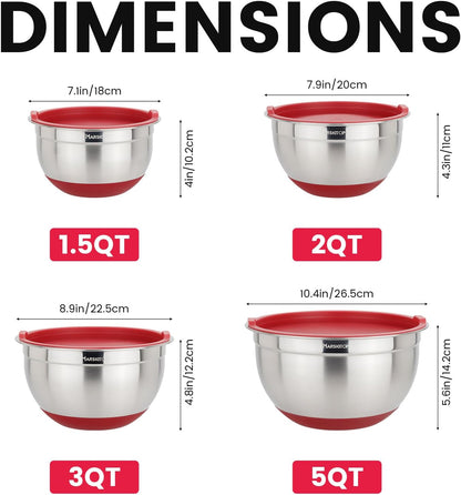 MARSKITOP Stainless Steel Mixing Bowls with Lids Set, Nesting Mixing Bowls with Airtight Lids, Measurement Marks and Red Non-Slip Bottoms, Great for Mixing and Serving, 3QT & 5QT