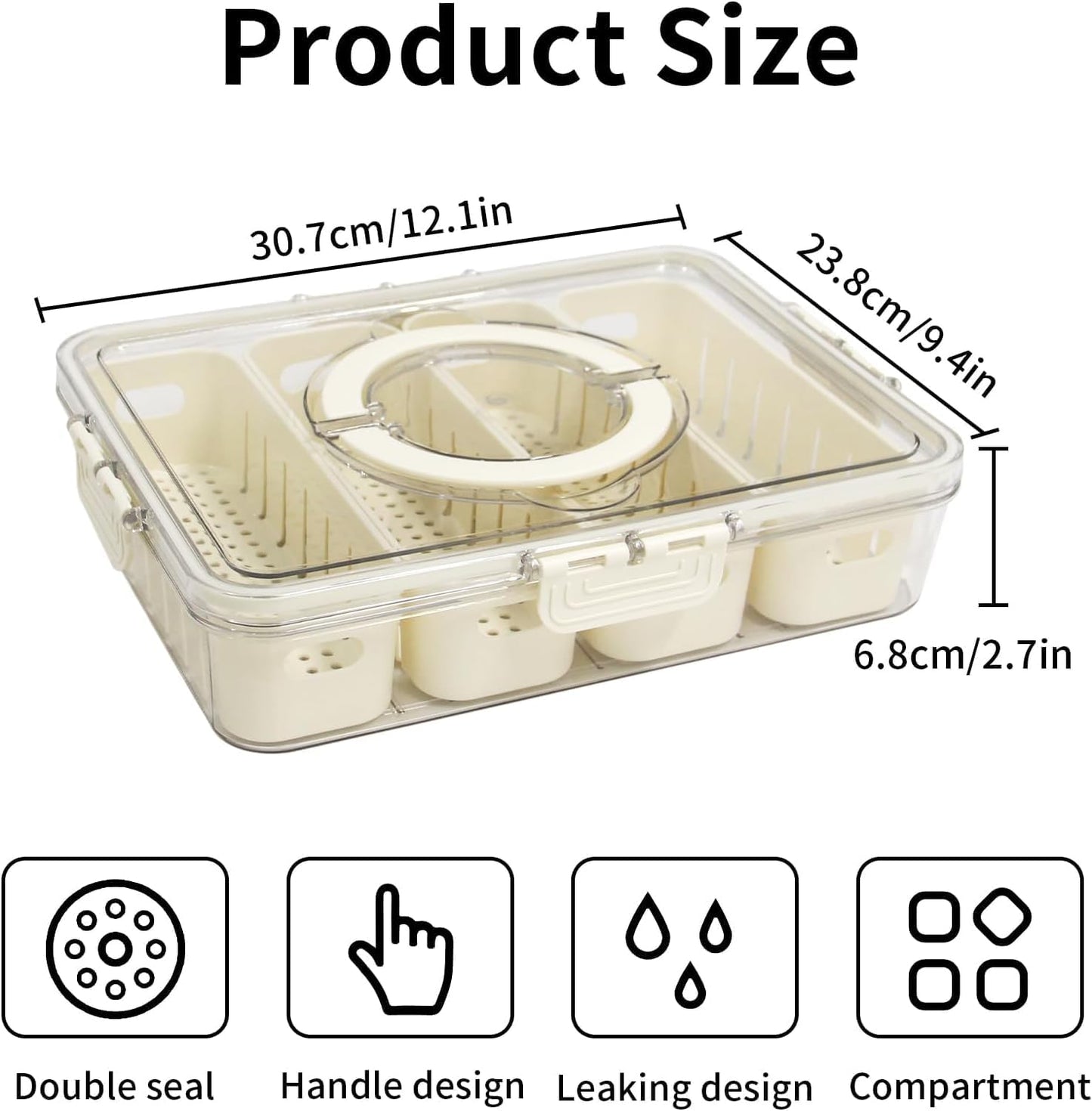 Divided Serving Tray with Lid, Snackle Box Container with Compartments, Snack Container with Handle, Veggie Tray, Fridge Fruit Storage - Keeping Fresh, Great for Party Entertaining Picnic