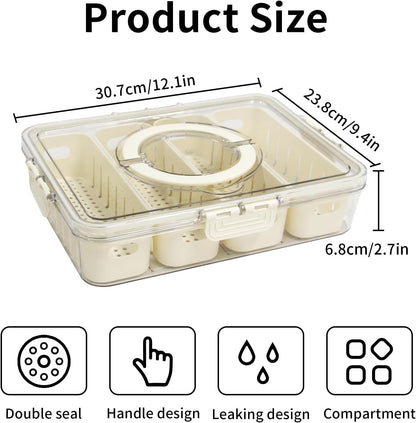 Divided Serving Tray with Lid, Snackle Box Container with Compartments, Snack Container with Handle, Veggie Tray, Fridge Fruit Storage - Keeping Fresh, Great for Party Entertaining Picnic