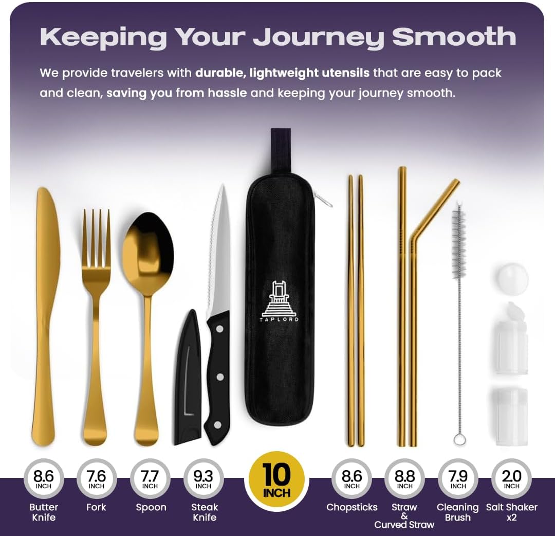 Taplord Portable Travel Silverware Set With Case, Includes 10 Pcs of Travel Utensils With Case, Stainless Steel Flatware Set For Camping, Lightweight (Multi-Color)