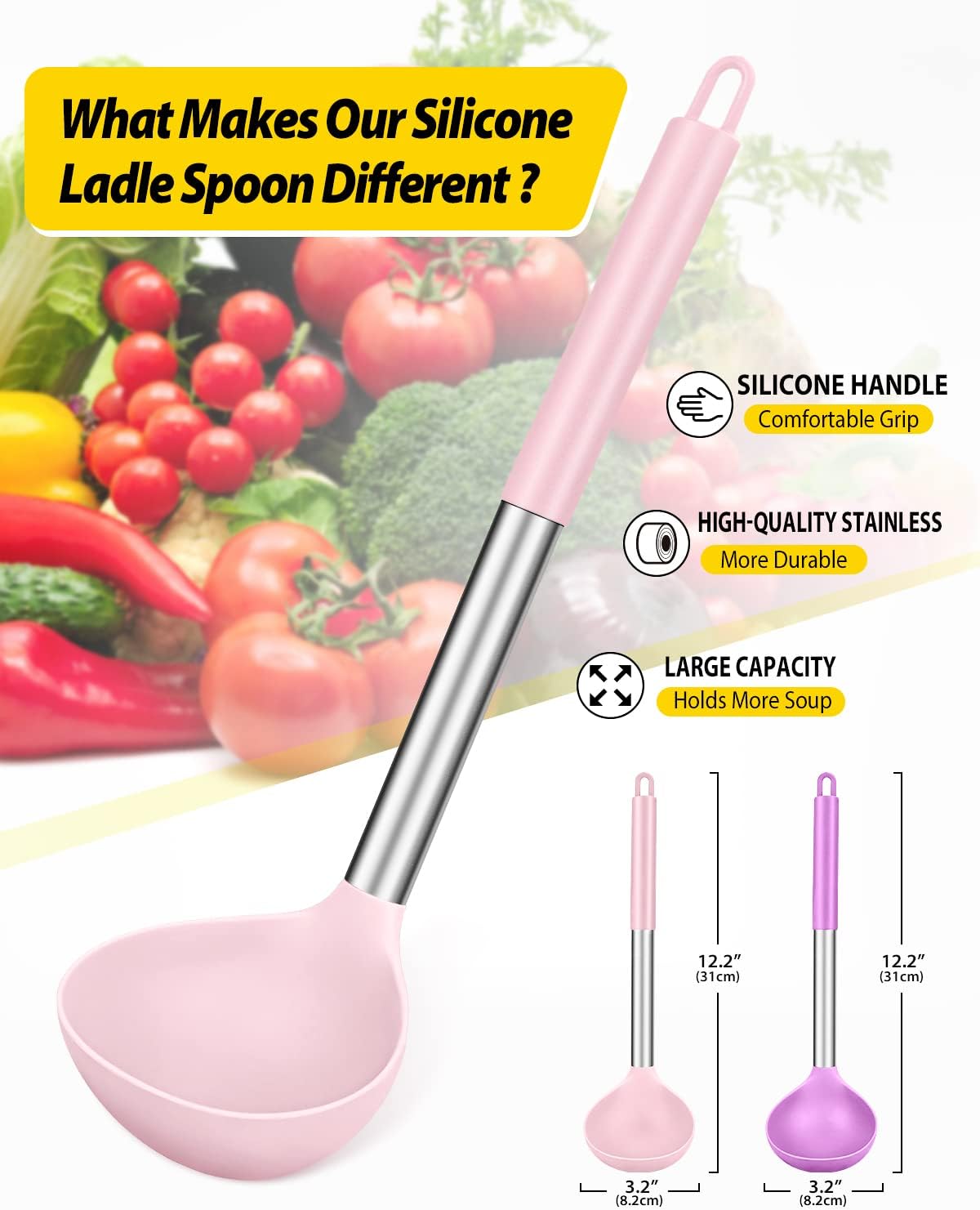 Pack of 2 Ladle Spoon,Silicone Large Spoon for Soup,Non Stick Kitchen Utensils with High Heat Resistant,BPA Free Perfect Kitchen Tools for Cooking, Stirring,Serving Soups (BLACK-WHITE)