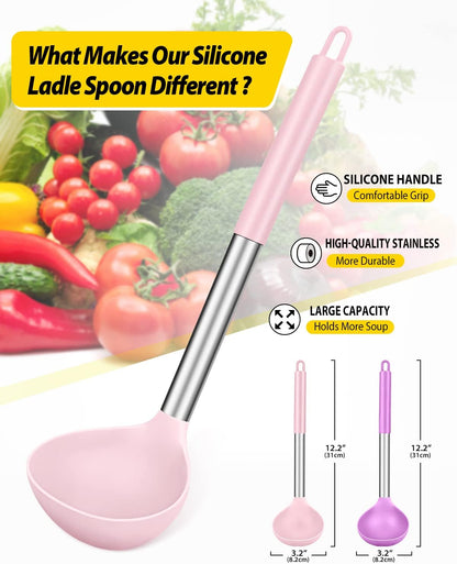 Pack of 2 Ladle Spoon,Silicone Large Spoon for Soup,Non Stick Kitchen Utensils with High Heat Resistant,BPA Free Perfect Kitchen Tools for Cooking, Stirring,Serving Soups (BLACK-WHITE)