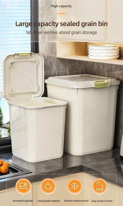 10KG Airtight Rice Storage Container with Measuring Cup, Food Grade Grain Storage Bin with Double Seal Buckle, Rice Box for Rice, Beans, Cereal and Pet Food, Kitchen Pantry Organizer (10KG with cup)