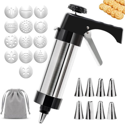 Stainless Steel Cookie Press Gun Kit, 13 Discs & 8 Piping Tips