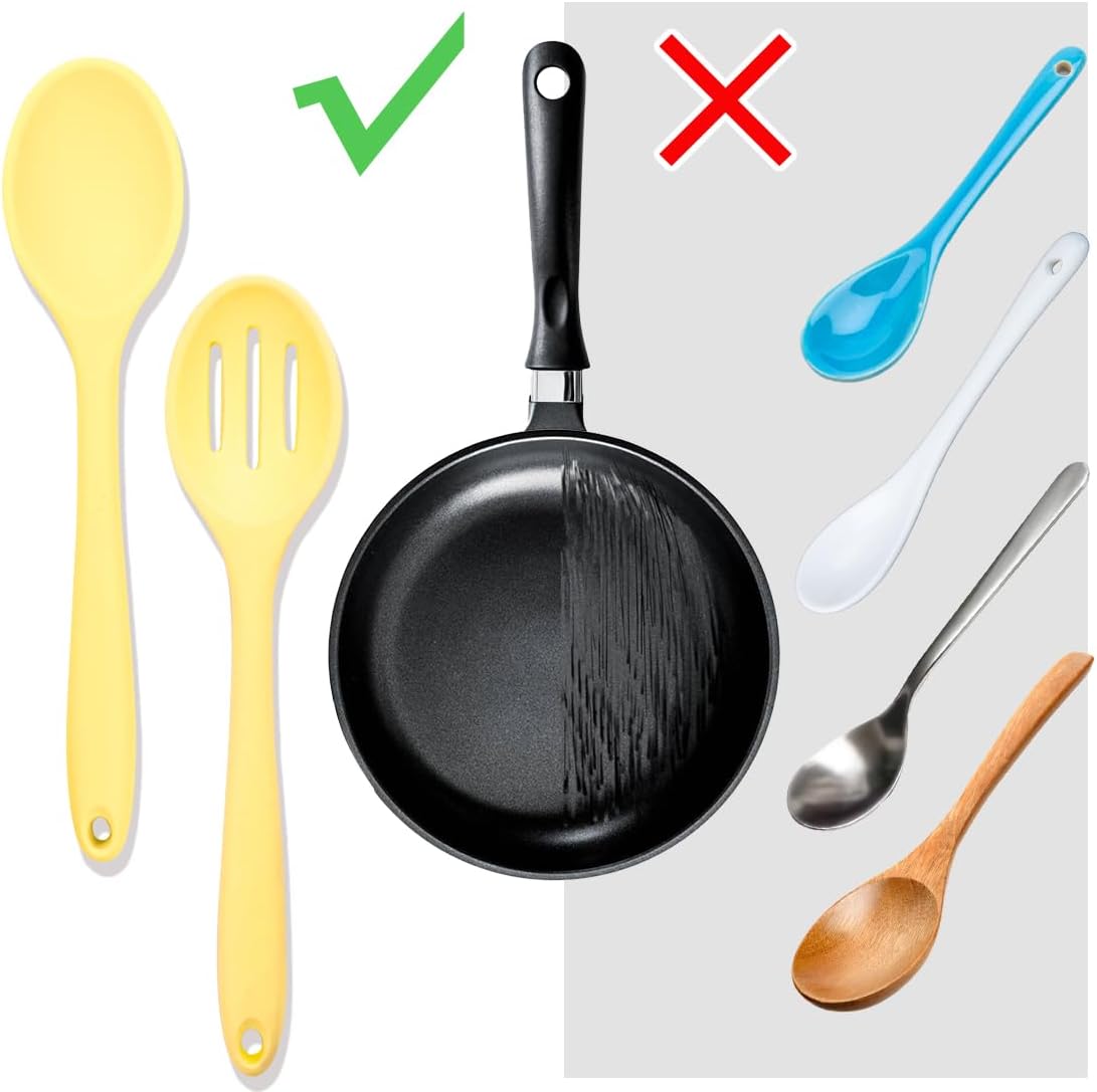 8 Pcs 8inch Heat Resistant Cooking Spoons for Nonstick Cookware Set -Ideal for Cooking, Baking, Mixing, Stirring Includes Slotted & Solid Spoons, Design for Nonstick Cookware (Black+Red+Green+Purple)