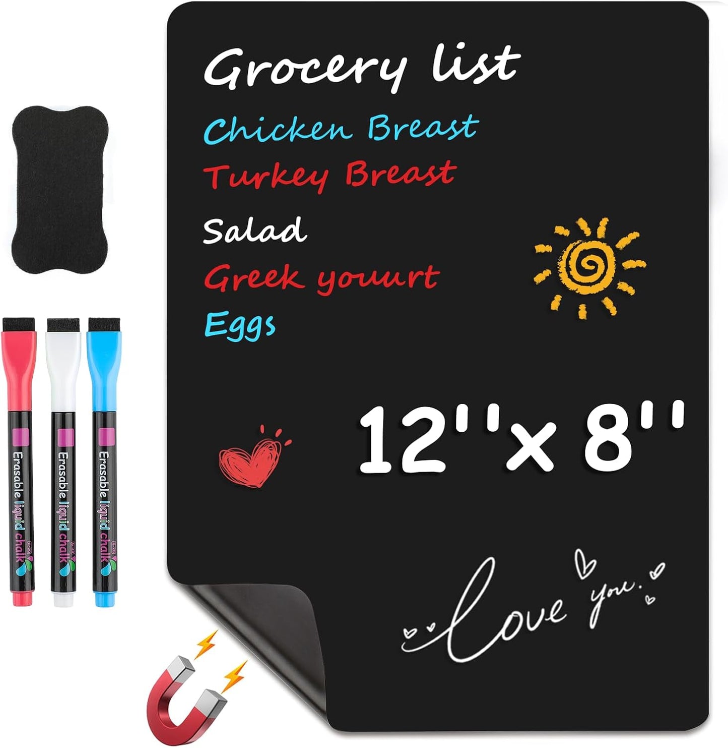 MaxGear Small Magnetic Dry Erase Board Sheet for Refrigerator, Fridge Whiteboard for Kitchen, 12"x8" White Board Organizer and Planner with Stain Resistant Technology, Include 1 Eraser, 3 Markers
