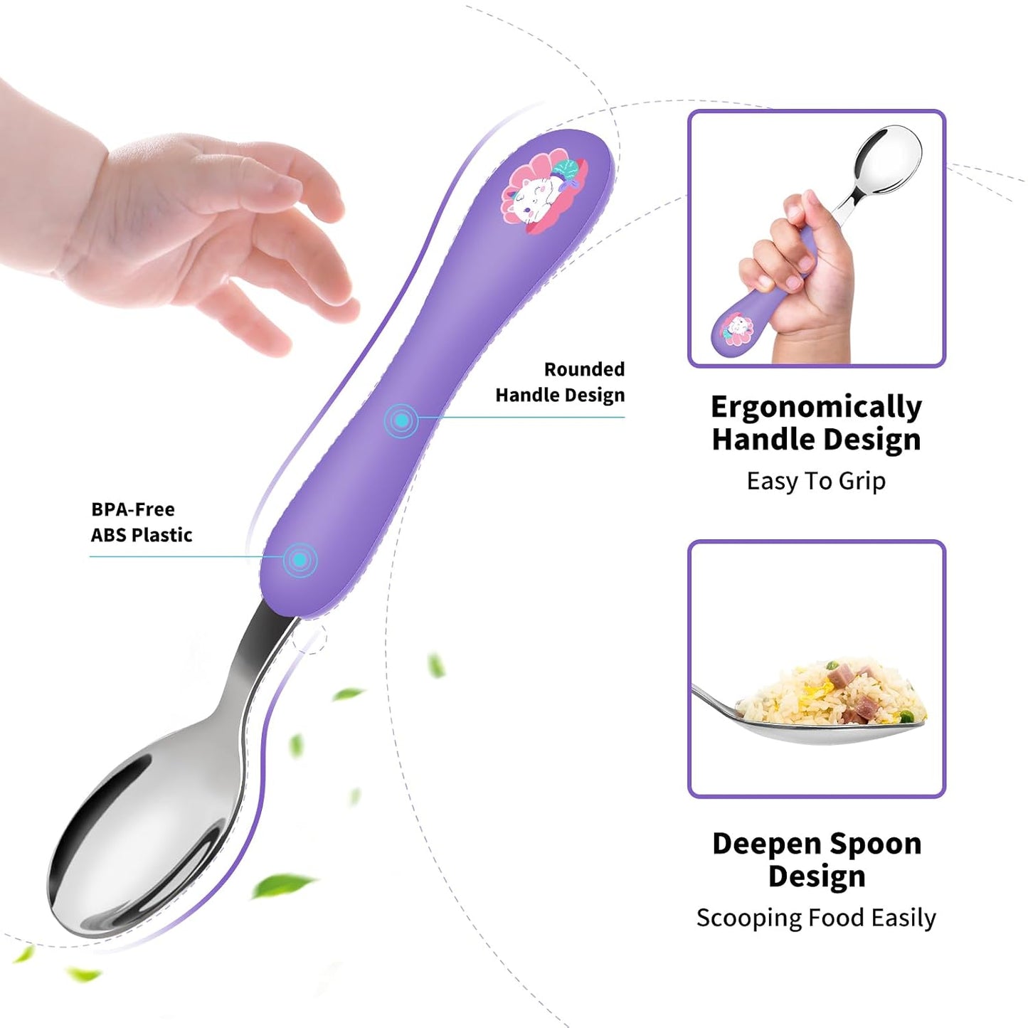 Lehoo Castle 6 Pieces Toddler Utensils, Kids Silverware for 2 3 4 Years Old, Stainless Steel Fork and Spoon Set with Plastic Handle, Safe Toddler Cutlery (Dinosaur)
