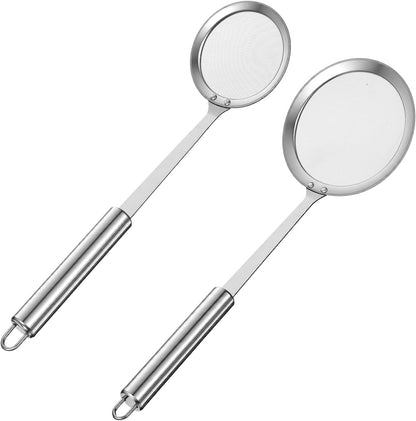 2Pcs Fat Skimmer Spoon Fine Mesh Strainer Spoon with Long Handle,10.5+7.7cm