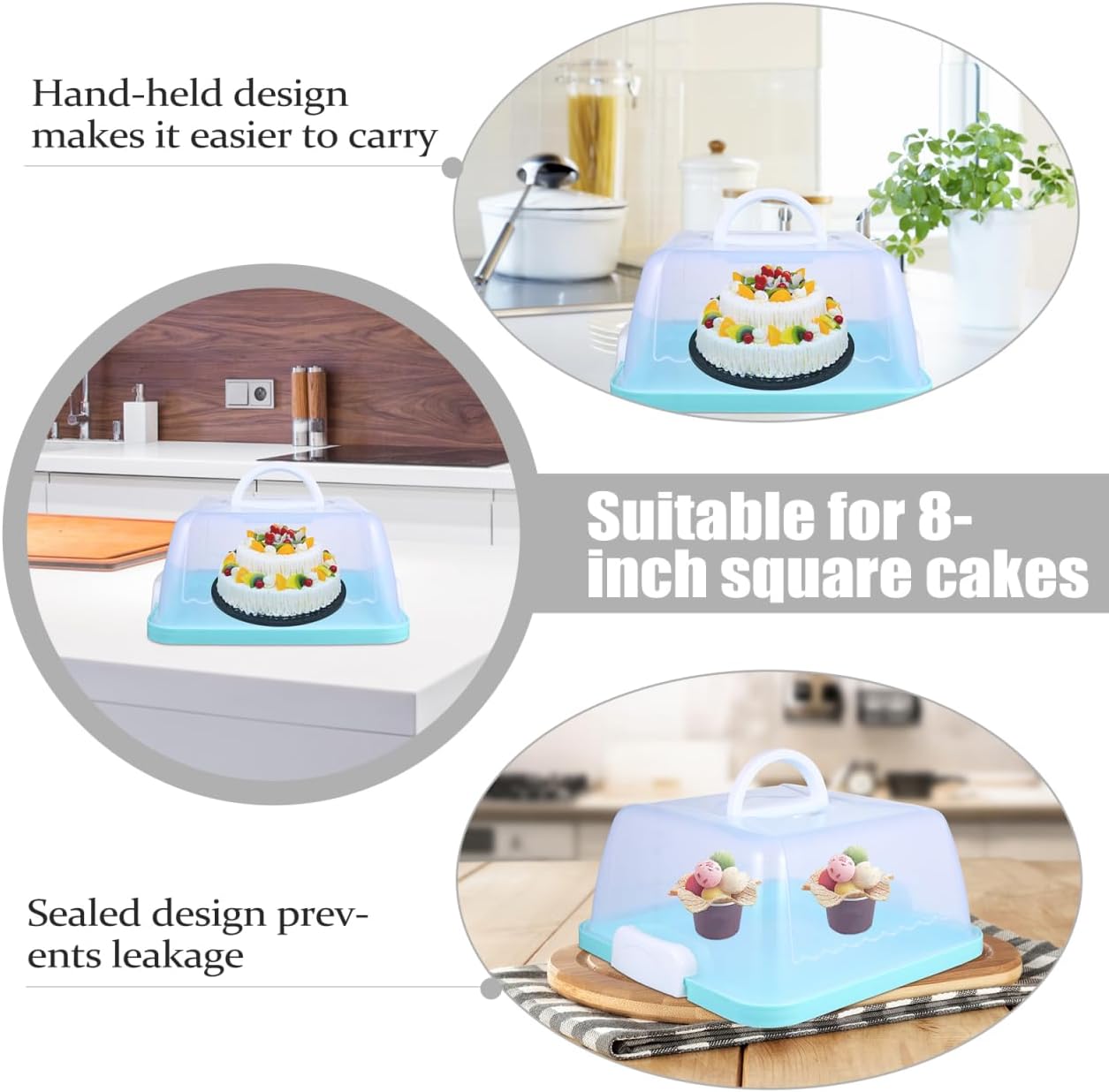 Square Cake Carrier Cover Portable Cake Carrier Cake Storage Box Handle Blue 8 Inch