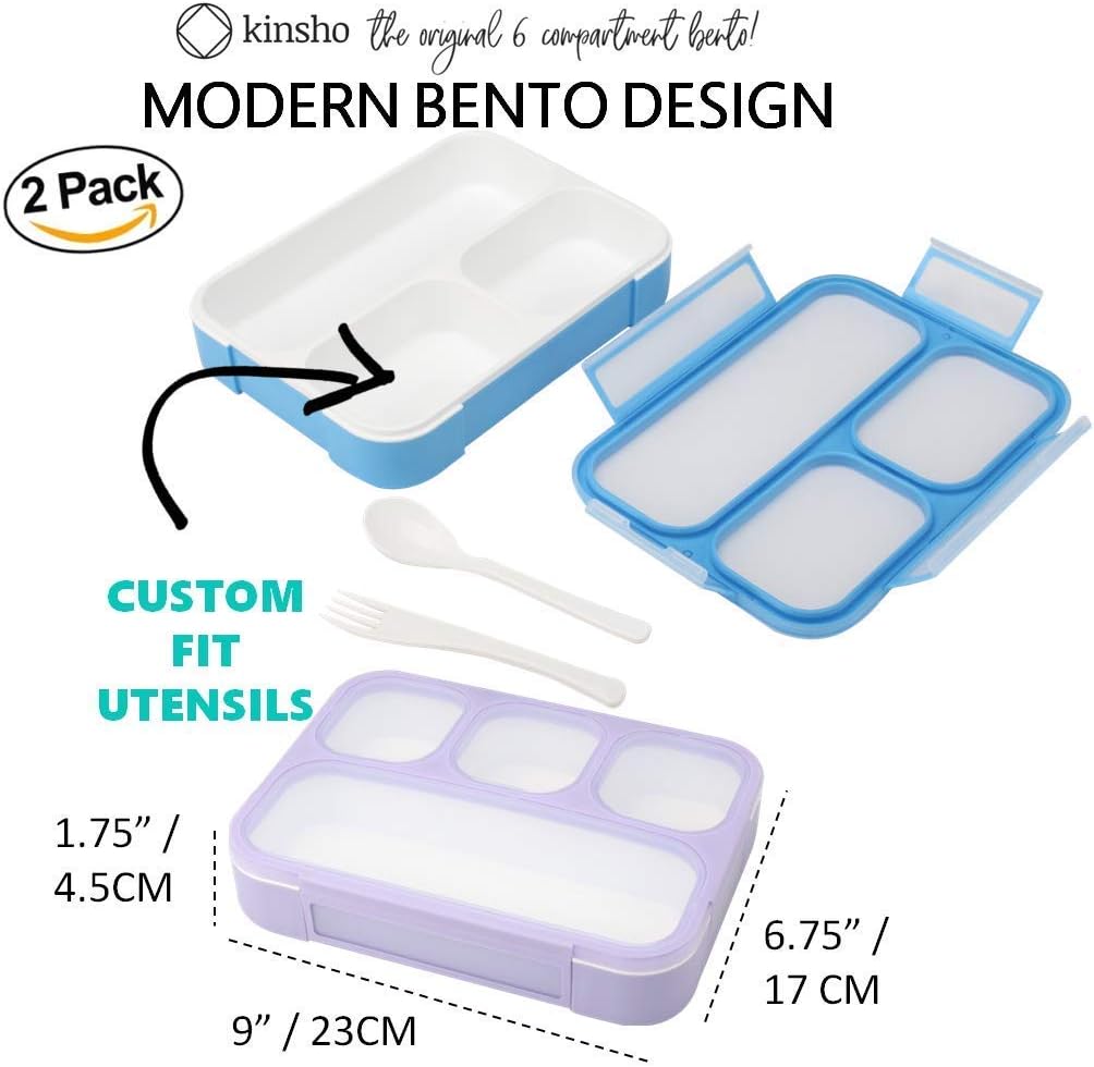 Bento Lunch Box for Kids or Adults, Snack Containers for Boys, Girls, School Daycare Work, 3 Divided Compartments Meal Planning Portion Control, BPA-Free Boxes, Utensils | Blue Purple 2 pack
