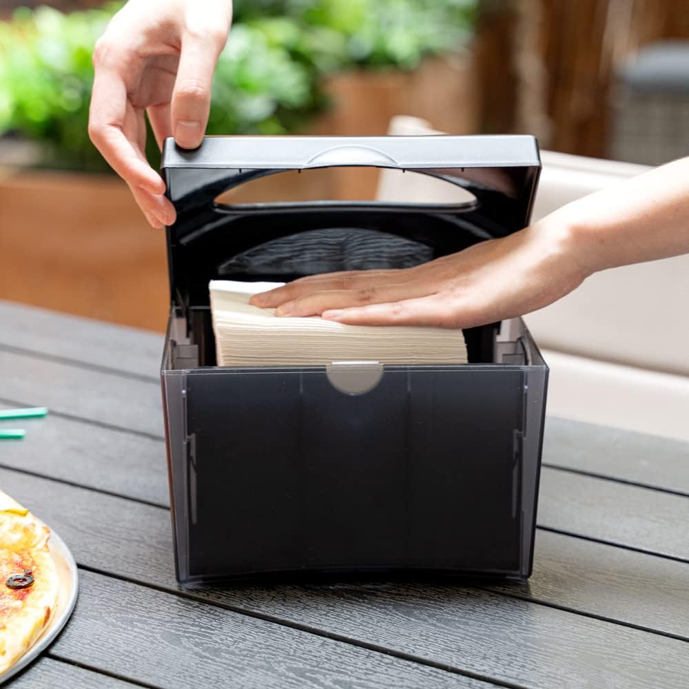Restaurantware Bar Lux 7.9 Inch x 5.5 Inch Napkin Holder 1 3-Compartment Condiment Caddy - Rectangle Tabletop Black Plastic Napkin Caddy Refillable Easy Access