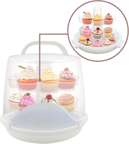 3-Tier Party Cupcake Carrier, Cupcake Holder with Lid and Handle for Transport Storage 24 Cupcakes (White)