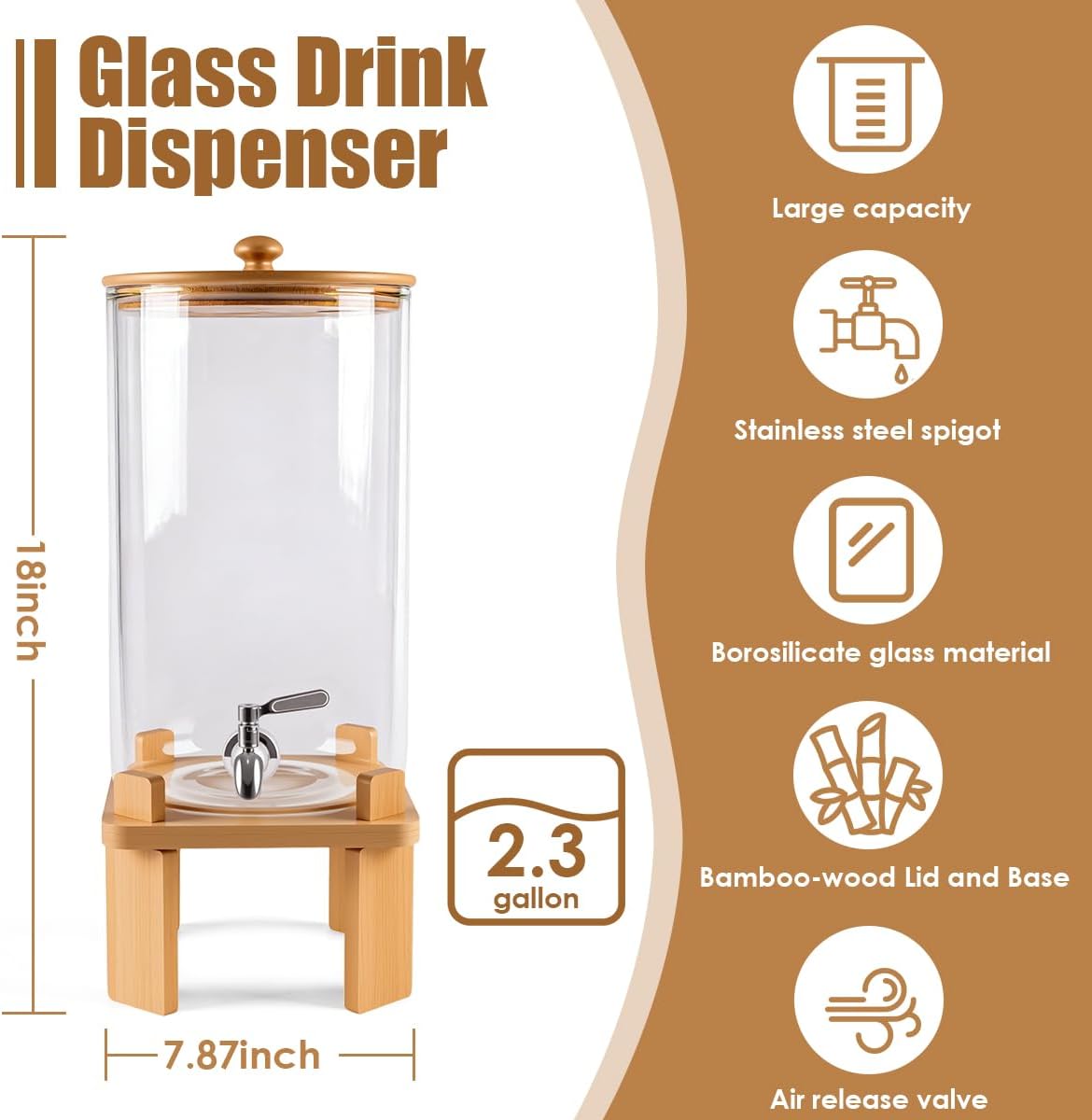 2.3 Gallon Large Glass Drink Dispenser for Parties, Glass Beverage Dispenser with Wood Stand, Juice & Lemonade Dispenser, Iced Beverage Dispenser with Spigot, Water Dispenser for Party with lid
