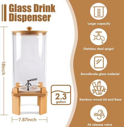 2.3 Gallon Large Glass Drink Dispenser for Parties, Glass Beverage Dispenser with Wood Stand, Juice & Lemonade Dispenser, Iced Beverage Dispenser with Spigot, Water Dispenser for Party with lid