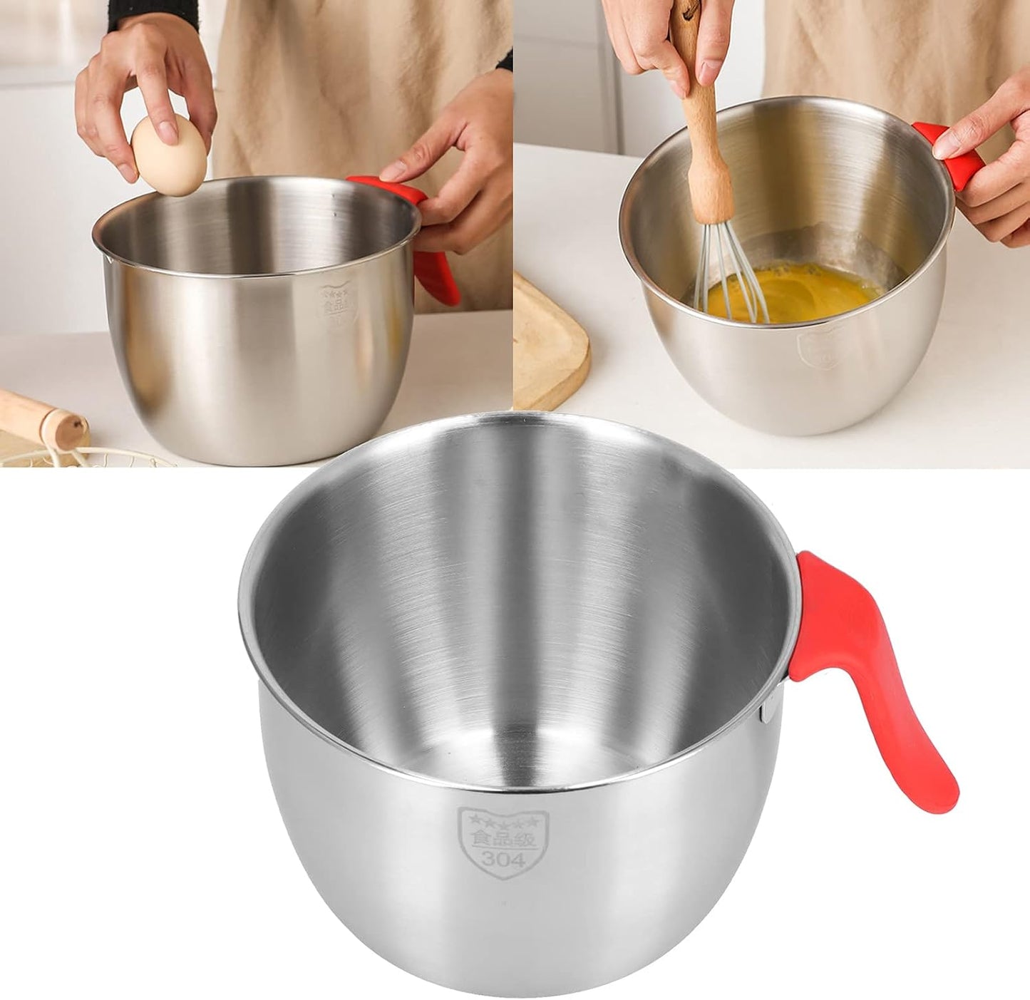 Stainless Steel Mixing Bowl, Non Slip Mixing Bowls with Handle and Pour Spout for Kitchen Egg Whisking Salad Serving Baking Cooking (3600ML)