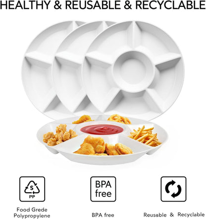 4 Pcs 12.4" Large Divided Serving Trays for Party Supplies, 6 Compartments Round Plastic Platters for Serving Food, Unbreakable Reusable Trays for Snack, Veggie, Fruit, Candy, White