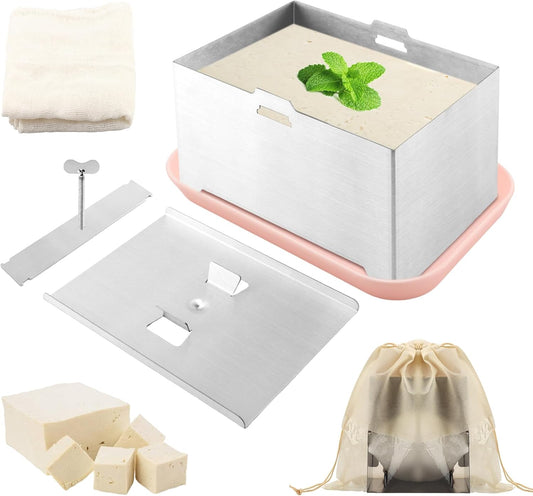 Tofu Press Stainless Steel with Tofu Presser Towel and Drip Tray for Homemade Tofu, DIY Paneer Maker Vegan Cheese Press Kitchen Tool with Adjustable Pressure