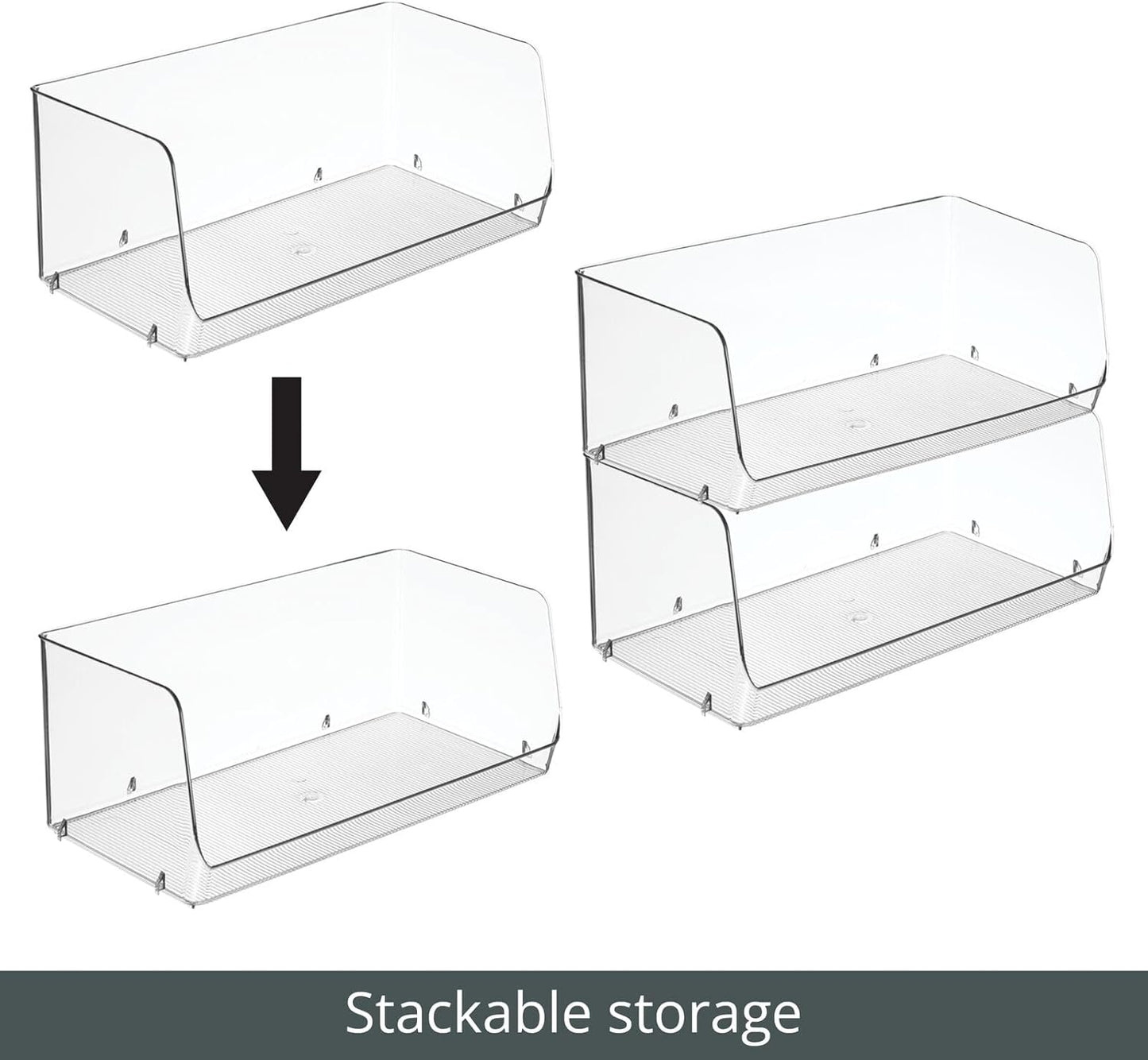 mDesign Modern Stackable Plastic Open Front Dip Extra Large Storage Organizer Bin Basket for Kitchen Organization, Shelf, Cubby, Cabinet, and Pantry Organizing Decor, Ligne Collection - 2 Pack - Clear