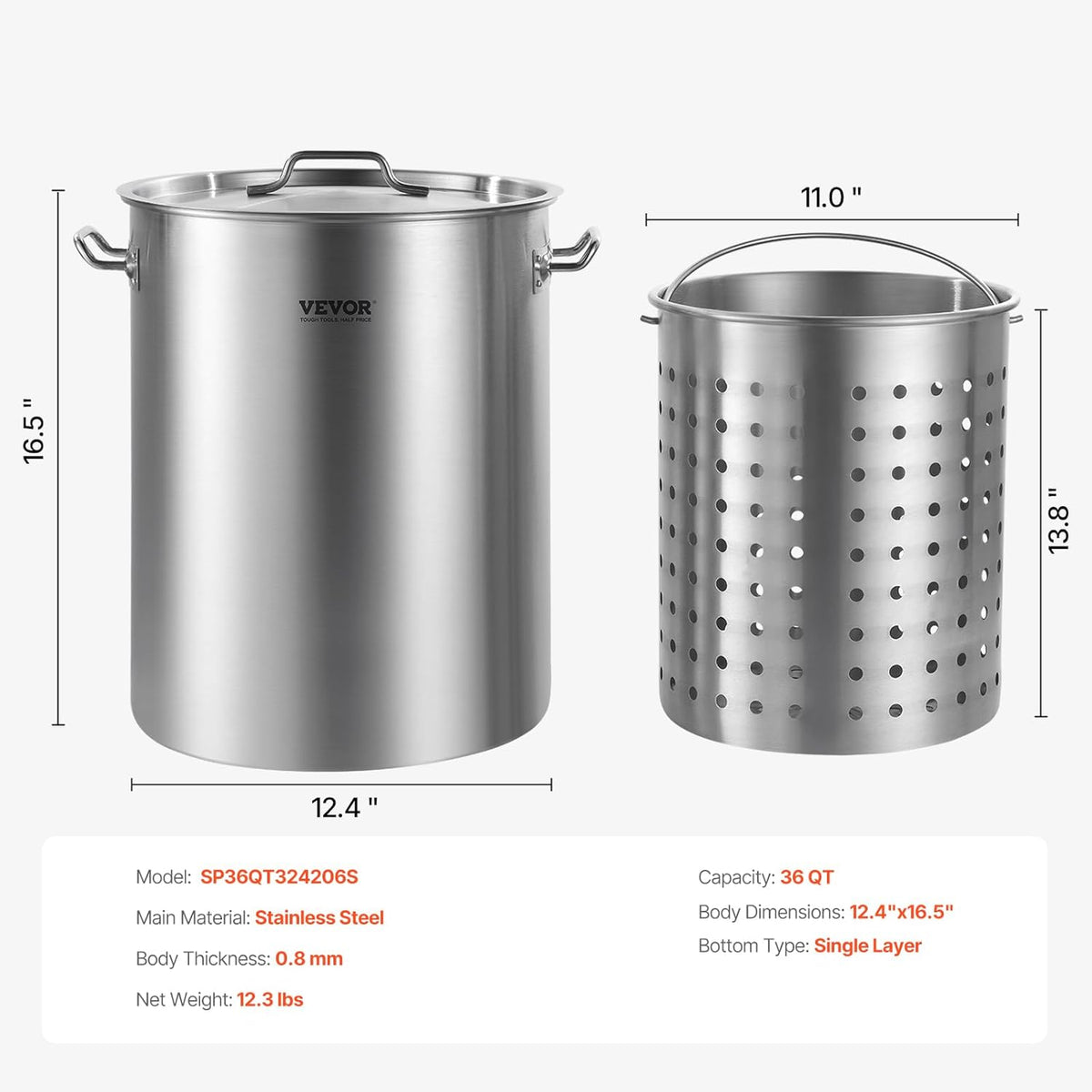 VEVOR Stainless Steel Stockpot, 42 Quart Large Cooking Pots, Cookware Sauce Pot with Strainer, Lid, and Handle, Heavy Duty Commercial Grade Stock Pot, Sanding Treatment, for Large Groups Events Silver
