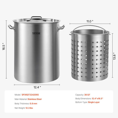 VEVOR Stainless Steel Stockpot, 42 Quart Large Cooking Pots, Cookware Sauce Pot with Strainer, Lid, and Handle, Heavy Duty Commercial Grade Stock Pot, Sanding Treatment, for Large Groups Events Silver