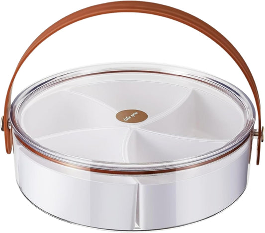 Round Plastic Divided Snack Box with Lid & Handle – Snackle Box Container for Fruits, Veggies, Candy, Travel, and Party Serving.