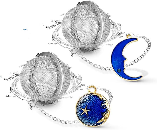 NSTaygate 2pcs Tea Infuser, Tea Strainers for Loose Tea, Gold Plated Enamel Moon Star Celestial Charm Pendant Tea Ball Set Loose Tea Steeper Gifts for Women
