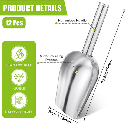 12 Pcs Premium Ice Scoop for Freezer, Multipurpose Metal Ice Scoop for Ice Machine - Stainless Steel Small Ice Scooper for Ice Bucket - Kitchen Gadgets Cookie Flour Pet Dog Food Scoop