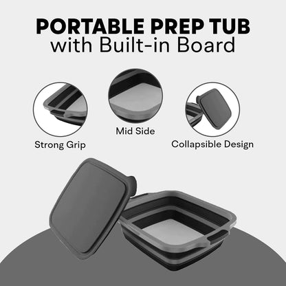 2-Pack XL Collapsible BBQ Prep Tub with Built-in Cutting Board, Lid & Strainer – Multipurpose Meal Prep Container for Outdoor Cooking, BBQ Parties, Kitchen & Travel Use (Black)